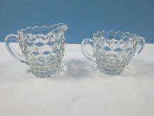 Pair Fostoria American Clear Pattern 4" Creamer and Open Sugar Bowl Double Handles 3 1/8"