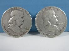 2-Coins 1951 Franklin Silver Half Dollar Liberty Bell Coins Philadelphia No Mint Mark 90% Silver