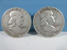 2-Coins 1957 Franklin Silver Half Dollar Liberty Bell Coins Philadelphia No Mint Mark 90% Silver
