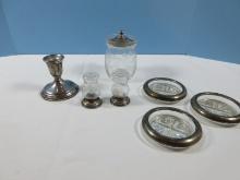 Sterling Silver Lot Towle Single 3 1/4" Candlestick Etched Gray Cut Stem Flowers, Crystal Jam