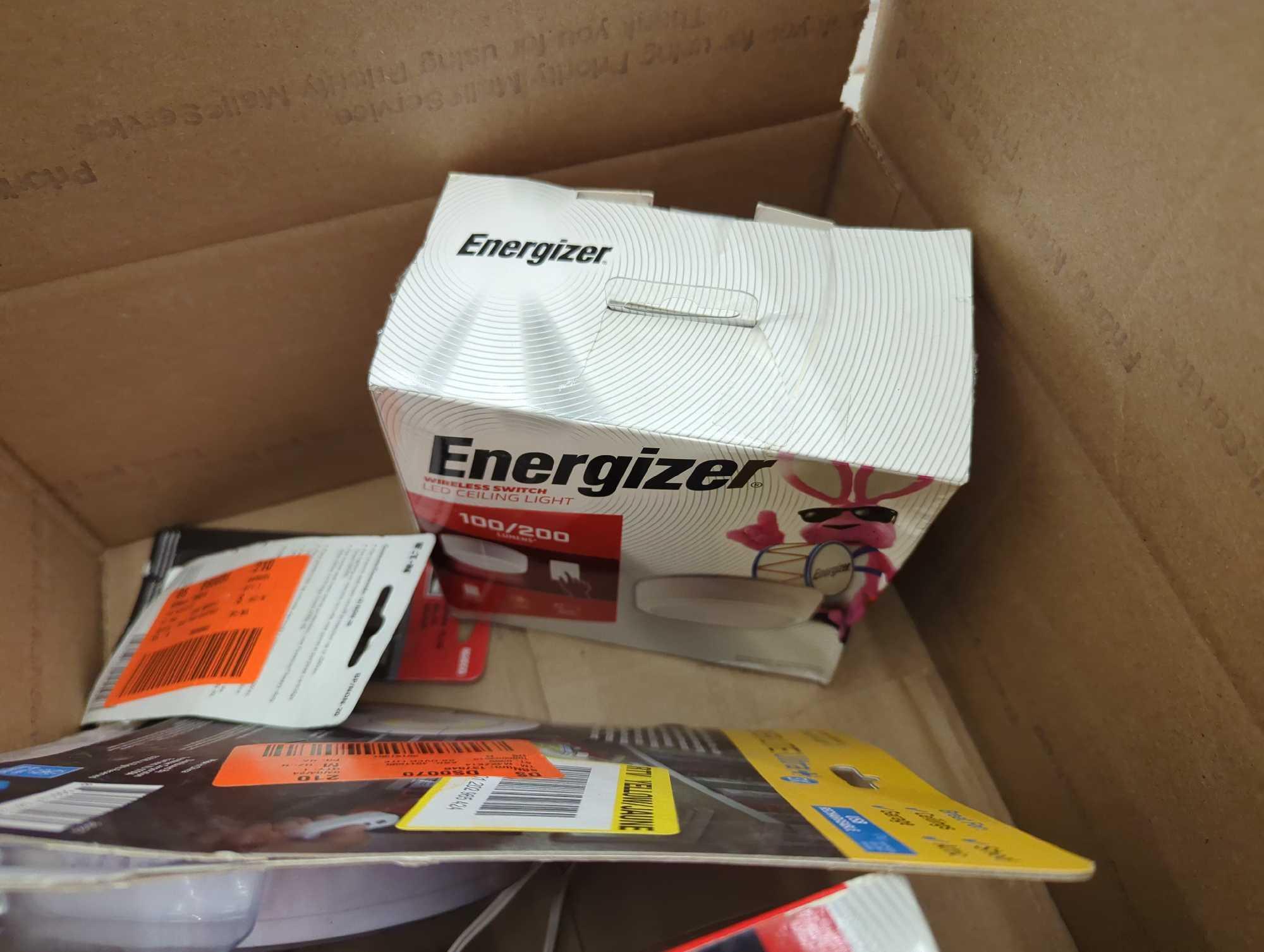 Box Lot of Assorted Items to Include, Energizer Battery Operated LED Ceiling Night Light Fixture