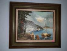 (DBR1) FRAMED PAINTING ON CANVAS DEPICTING A BOAT IN THE WATER WITH LAND IN THE BACKGROUND. SIGNED