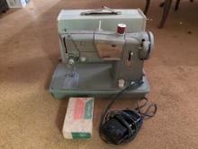 (DR) VINTAGE ELECTRIC SINGER SEWING MACHINE #328 WITH VASE, PEDAL AND SEWING SUPPLY BOX. THE CASES