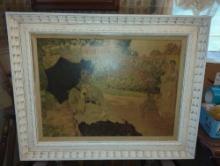 (DR) WOODEN FRAMED CLAUDE MONET PRINT 1960's, WOMAN WITH PARASOL IN THE GARDEN, IMPRESSIONIST ART,