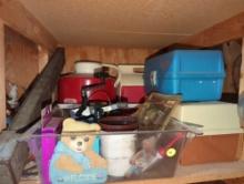 (GAR) 1 lot of various items including Thermos deluxe water cooler, fishing reel, Plano and