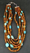 Jay King - Turquoise and Amber Multi Strand Necklace with Sterling Silver