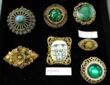 7 Vintage Austrian and W. German Brooches - 2 Are Porphyry Glass