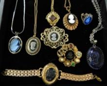 Tray Lot of Etched Glass Cameo Costume Jewelry - Necklaces - Ring - Brooch - Bracelet