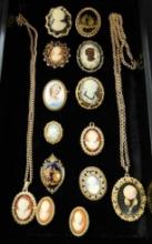 Tray Lot of Cameo and Painted Porcelain Costume Jewelry - Necklaces - Brooches - Earrings