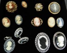 Tray Lot of 13 Pieces of Costume Cameo Jewelry - Earrings - Brooches
