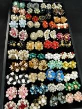 Tray Lot of 44 Pairs of Vintage Costume Jewelry Cluster Earrings