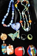 Tray Lot of Costume Jewelry - Art Glass - 3 Necklaces - 6 Pendants - 2 Rings