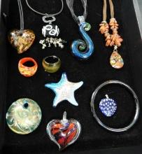 Tray Lot of Costume Jewelry - Art Glass - 4 Necklaces - 4 Pendants - 2 Rings - 1 Bracelet
