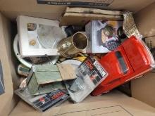 BOX OF MISCELLANEOUS: BRASS STEIN, RC CAR