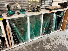 80X3X2 GLASS INVENTORY RACK W/ GLASS CUT-OFF CONTENTS SUPPORT EQUIPMENT