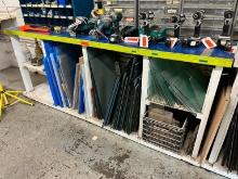 93X3X2 GLASS INVENTORY RACK W/ GLASS CUT-OFF CONTENTS SUPPORT EQUIPMENT
