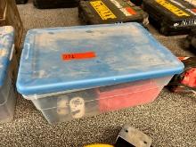 PLASTIC TUB W/ ASSORTED HOLE SAWS SUPPORT EQUIPMENT