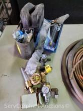 Lot on Table of Various Welder Gauges, File, Camera, Spring, Various Stainless Fittings