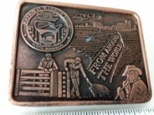 BELT BUCKLE NATIONAL BARROW SHOW, AUSTIN MN "FROM AROUND THE WORLD"LIMITED EDITION #2OF100. DIST. BY