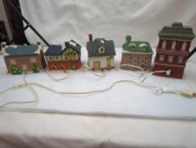 CHRISTMAS VILLAGE GROUP OF 5 BUILDINGS MOVIE THEATER, GENERAL STORE, INN, BAKERY, AND SCHOOL.