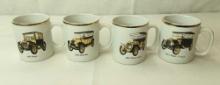 VINTAGE CAR PRINTS WITH GOLD TRIM COFFEE CUPS SET OF 4 IN BOX - GALAXY DISTINCTIVE GLASSWARE