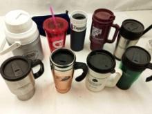 MISC ADVERTISING MUGS AND BEVERAGE CUPS AND THERMOS TYPE TRAVEL MUGS. VERY CLEAN