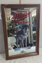 MILLER HIGH LIFE WILDLIFE SERIES FIRST PRINTING "THE TIMBER WOLF" MIRRORED BEER SIGN 15"X 22.5"