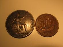 Foreign Coins: Great Britain 1912 Penny & 1952 1/2 Penny