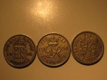 Foreign Coins: 1948, 50 & 54 Great Britain 6 Pences