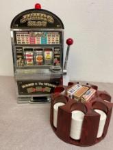 Novelty Jumbo Slot Machine and Vintage Poker Chip Holder with Chips