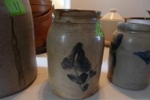 ANTIQUE SALT GLAZE CROCK WITH BLUE FLOWER DESIGN 9 1/2 INCH X 5 INCH