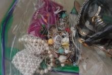BOX WITH COSTUME JEWELRY WATCHES RINGS EARRINGS AND MORE