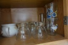 THREE KITCHEN CABINETS WITH DISHES BOTTLES GLASSES ETC