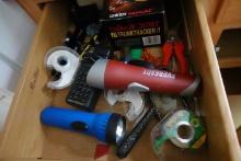 TWO DRAWER CONTENTS INCLUDING FLASHLIGHT FLATWARE ETC