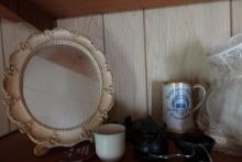 SHELF LOT WITH MINIATURE CAST IRON DECORATIVES HOBNAIL TABLE LAMP AND MORE