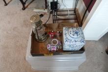 BOX LOT INCLUDING COVERED GINGER JAR TONKA TRUCK LANTERN AND MORE