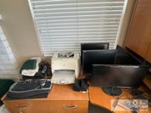 (4) Computer Monitors, Keyboard, HP Printer, Mouse, Speakers and more