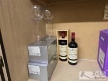 2 Decorative Castello DI Brolio Wine Bottles and 2 Wine Glasses
