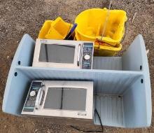 (2) Sharp Commercial Microwave Ovens, (3) Rubbermaid Mop Buckets, (1) Metro Mobile Dish/Tray Caddy
