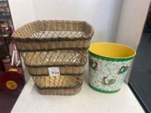 vintage cheinco metal Trach can and antique woven basket