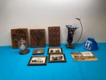 Pocket watch and display, wood pictures, butterfly Stainglass lamp and more