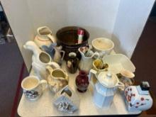 ceramic porcelain glass items vase, bowl, pictures, and a large metal bucket, etc
