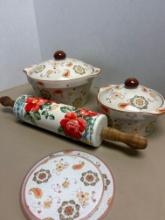 pair of matching pots with lids, rolling, pin, and coasters