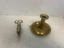 antique brass push-up candlestick and candle wick trimmer