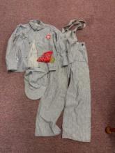 Vintage child?s railroad outfit pants with suspenders, jacket, hat, scarf, size 10