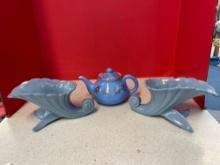 Weller teapot and a pair of Abingdon cornucopia vases