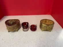 Brass trinket boxes and two Ruby red mini cups