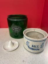 Blue decorated stoneware salt box green PRAKTKAL vaporizer, large jar and sombrero ashtray