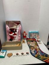 Christmas decor, including Madame Alexander, Santa Claus, needlepoint stocking, German smoker