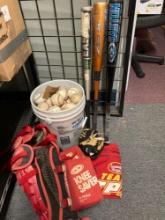Baseballs, baseball, bats, catcher equipment, glove